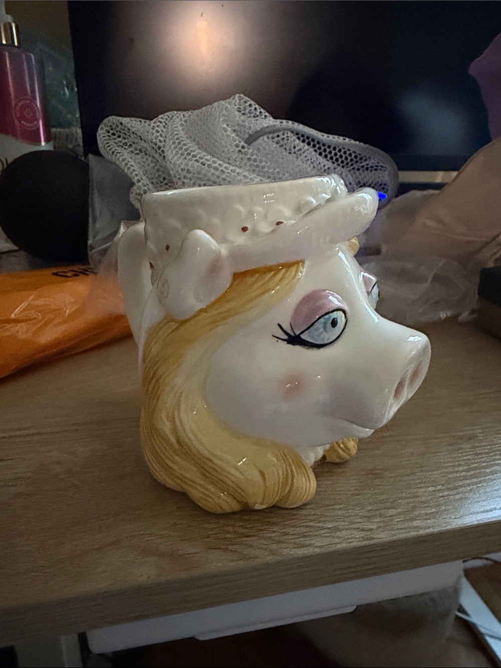 Whimsical White Ceramic Pig Head Planter with Blonde Accents
